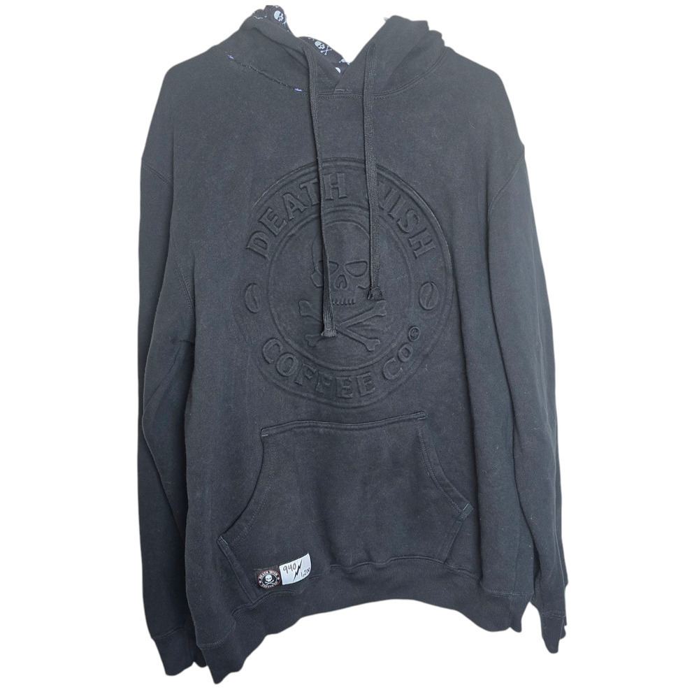 Death Wish Coffee Hoodie Embossed All Black DWC Logo Crossbone Lined Hood #940